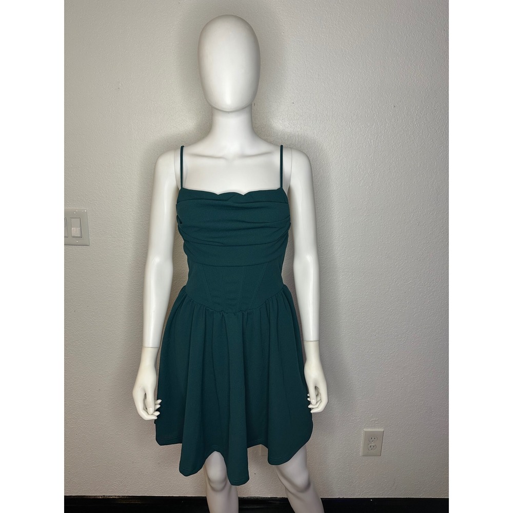 SHEIN Dark Green Corset Bodice Cowl Neck Mini Skater Dress Adjustable Straps